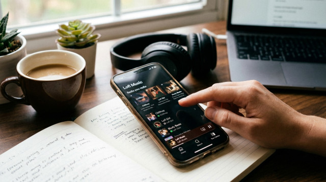 Teléfono sintonizando emisoras de radio online de música lofi